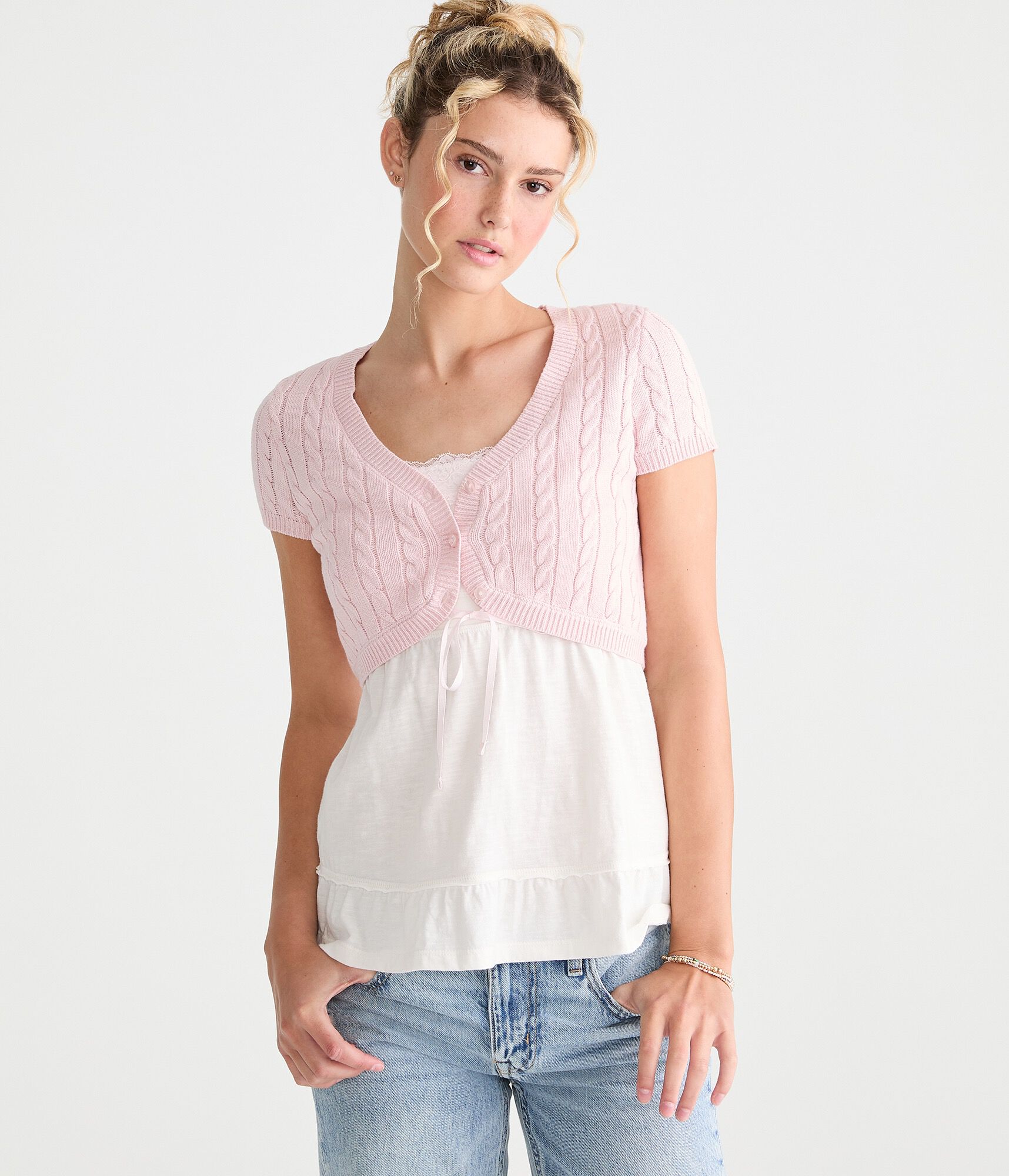 Short Sleeve Cable Knit Sweater Shrug