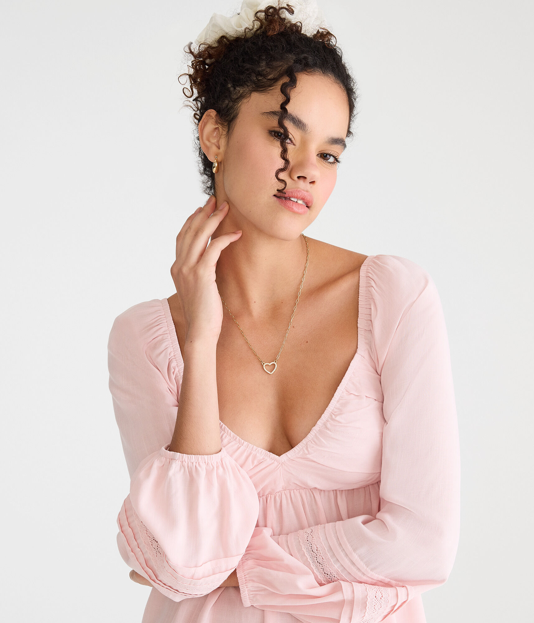 Long Sleeve Lace & Pleats V-Neck Peasant Top