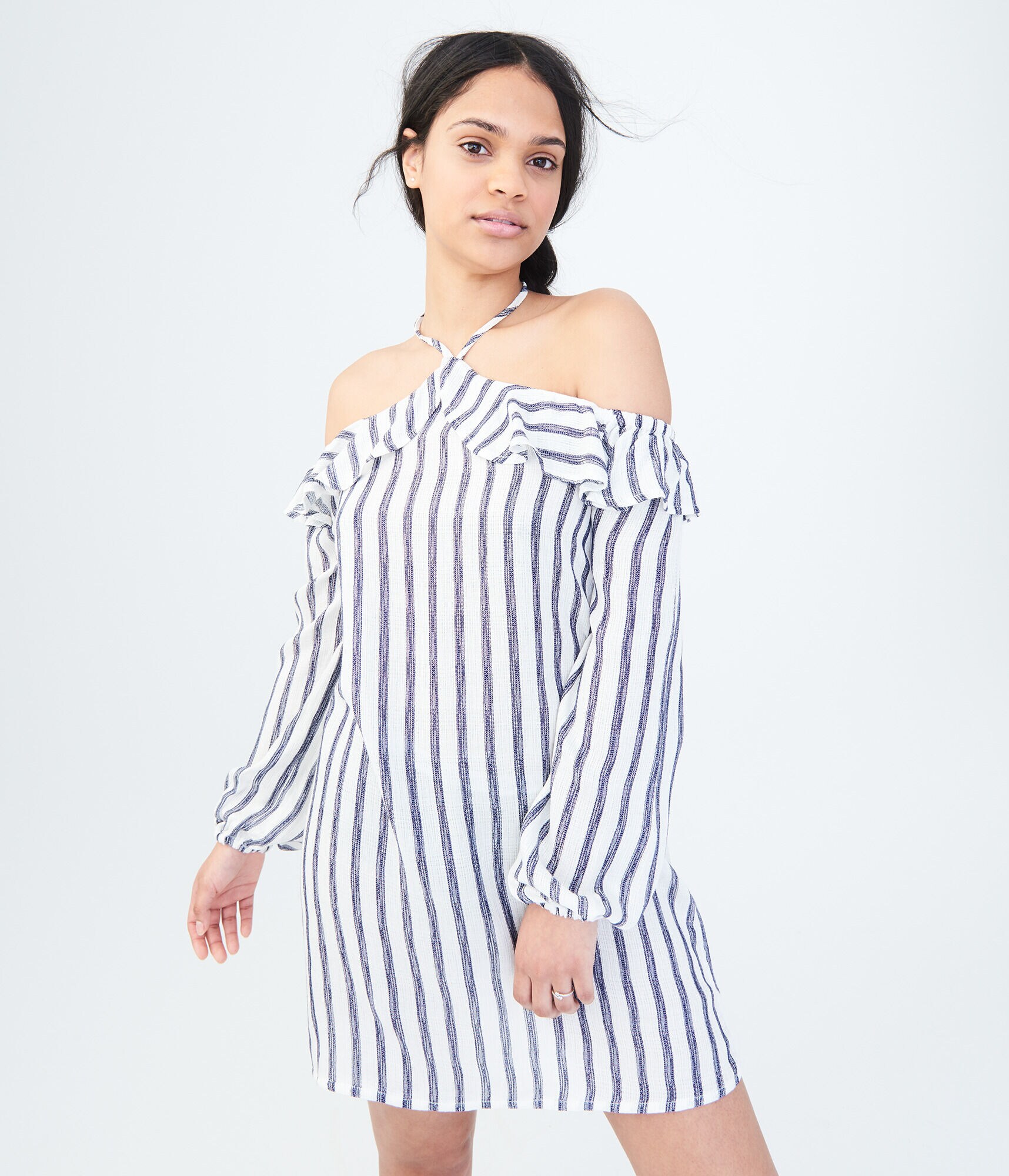 Long Sleeve Striped Halter Shift Dress