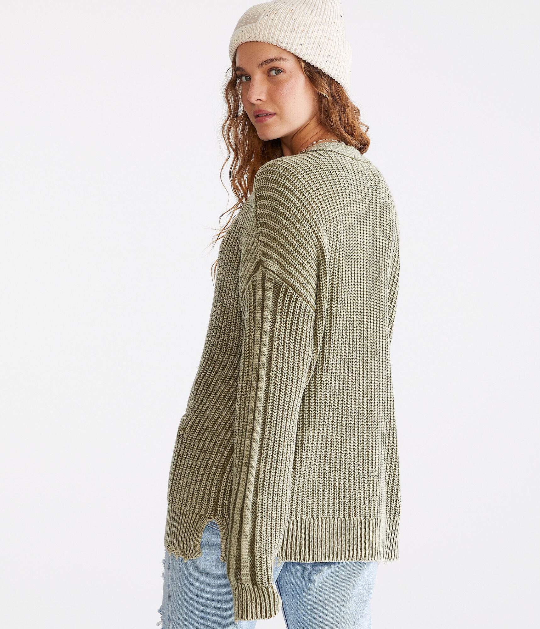 Distressed Rib-Knit Cardigan