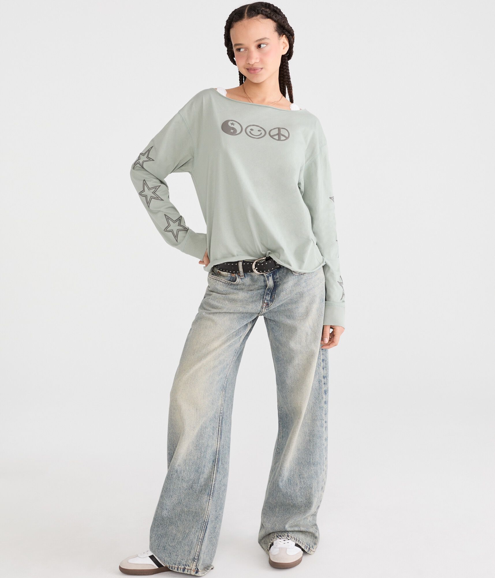 Long Sleeve Peace Sign Off-The-Shoulder Vintage Fit Graphic Tee