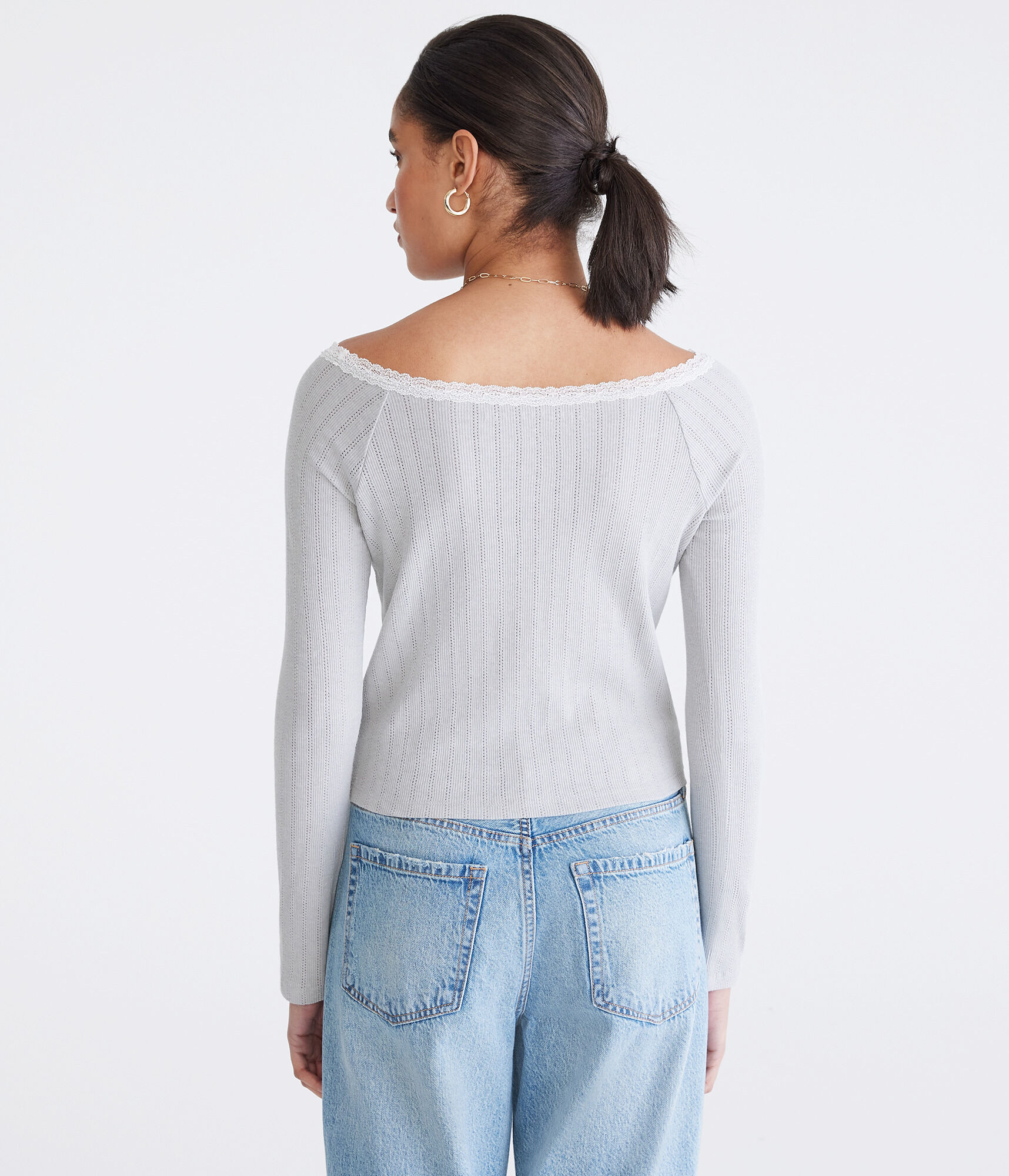 Long Sleeve Pointelle Open-Neck Tee