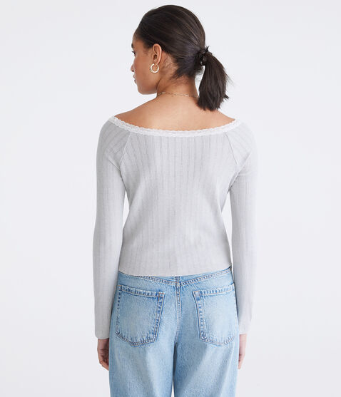 Long Sleeve Pointelle Open-Neck Tee Long Sleeve Pointelle Open-Neck Tee