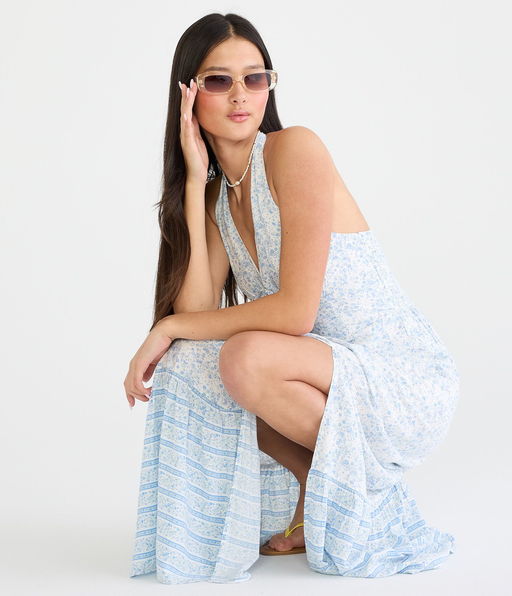 Floral V-Neck Halter Maxi Dress