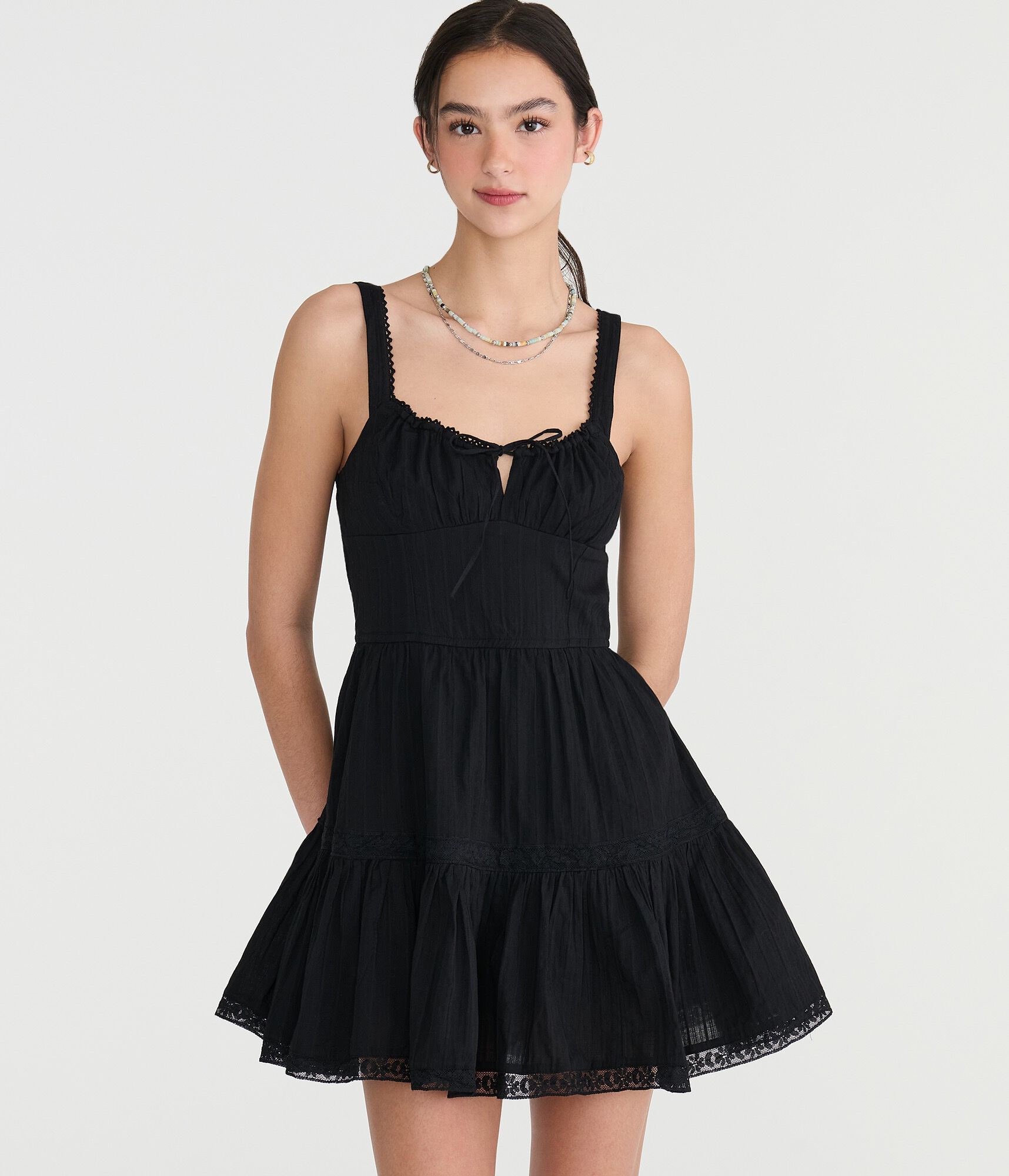Solid Square-Neck Corset A-Line Mini Dress