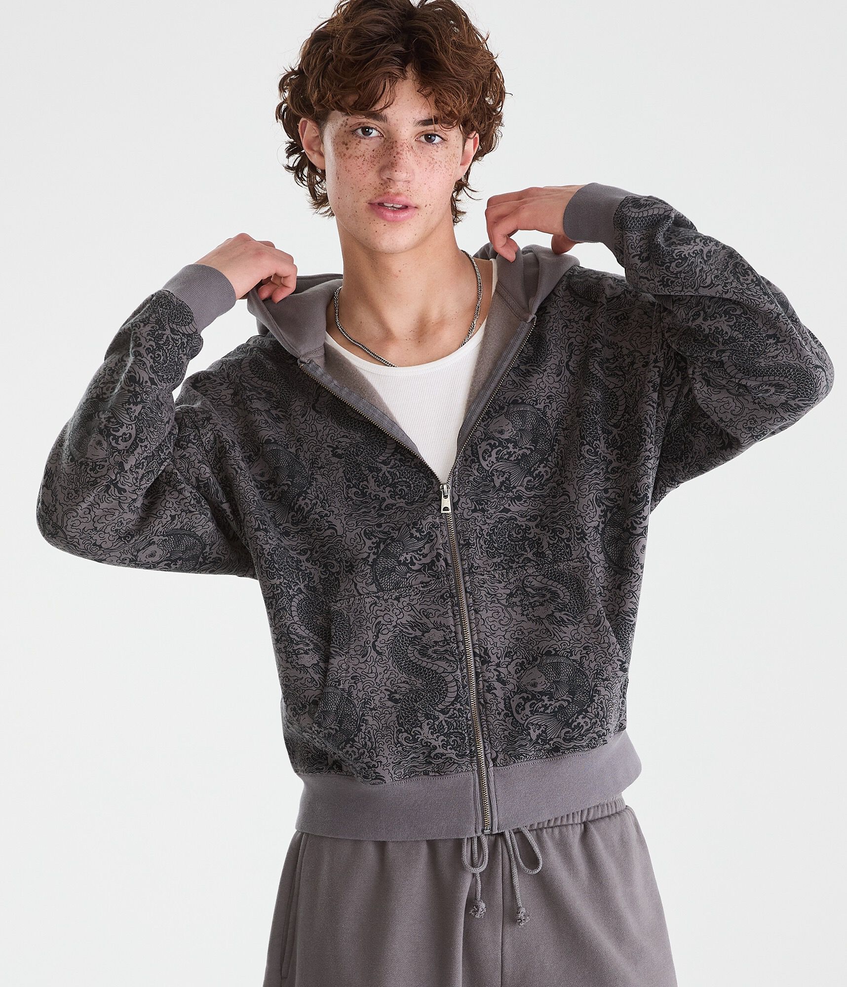 Cloud Soft Dragon &amp; Koi Boxy Full-Zip Hoodie