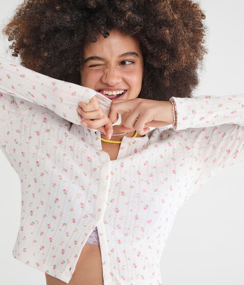 Floral Cropped Pointelle Cardigan Floral Cropped Pointelle Cardigan