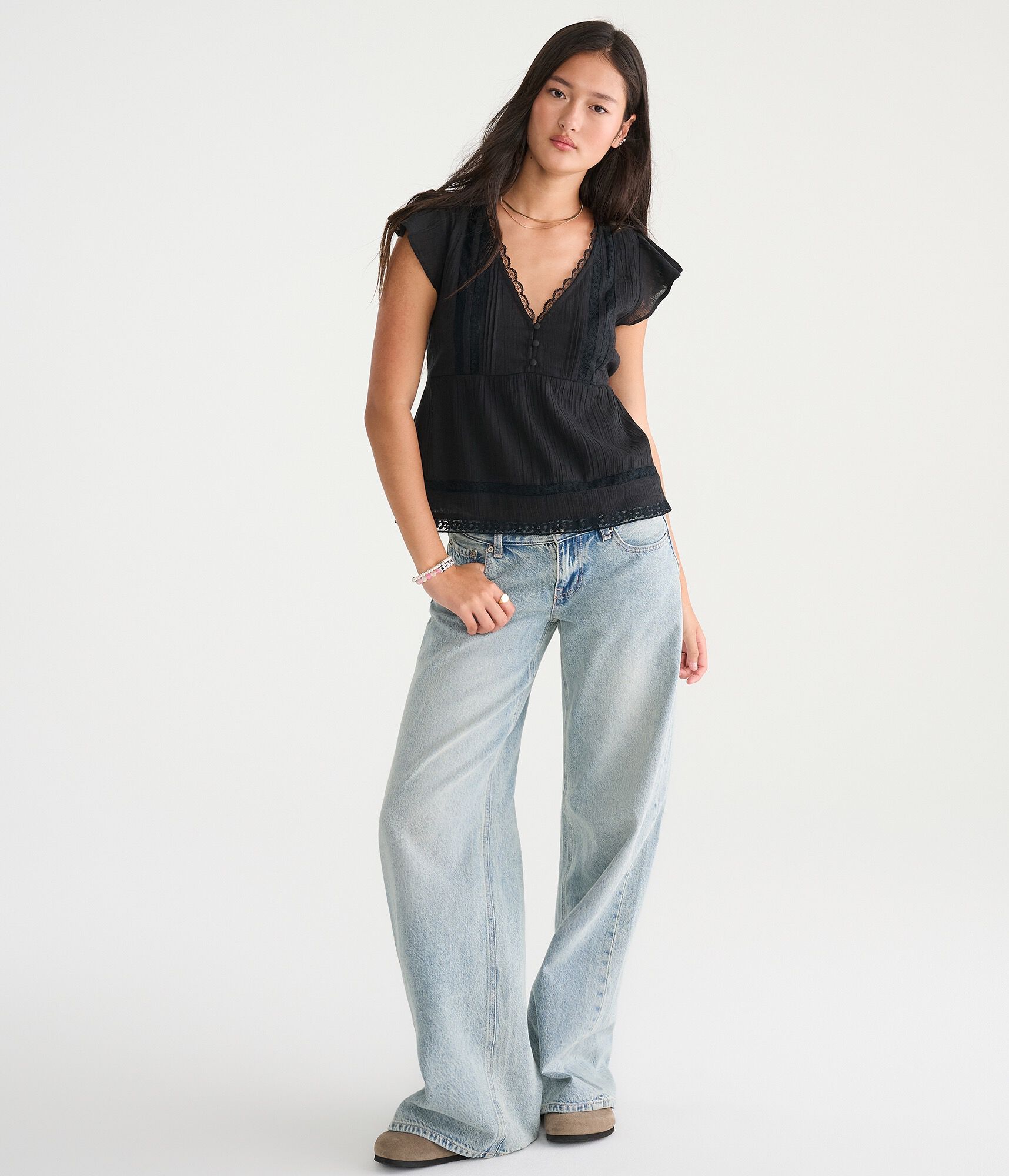 Lace &amp; Pintuck V-Neck Tie-Back Blouse