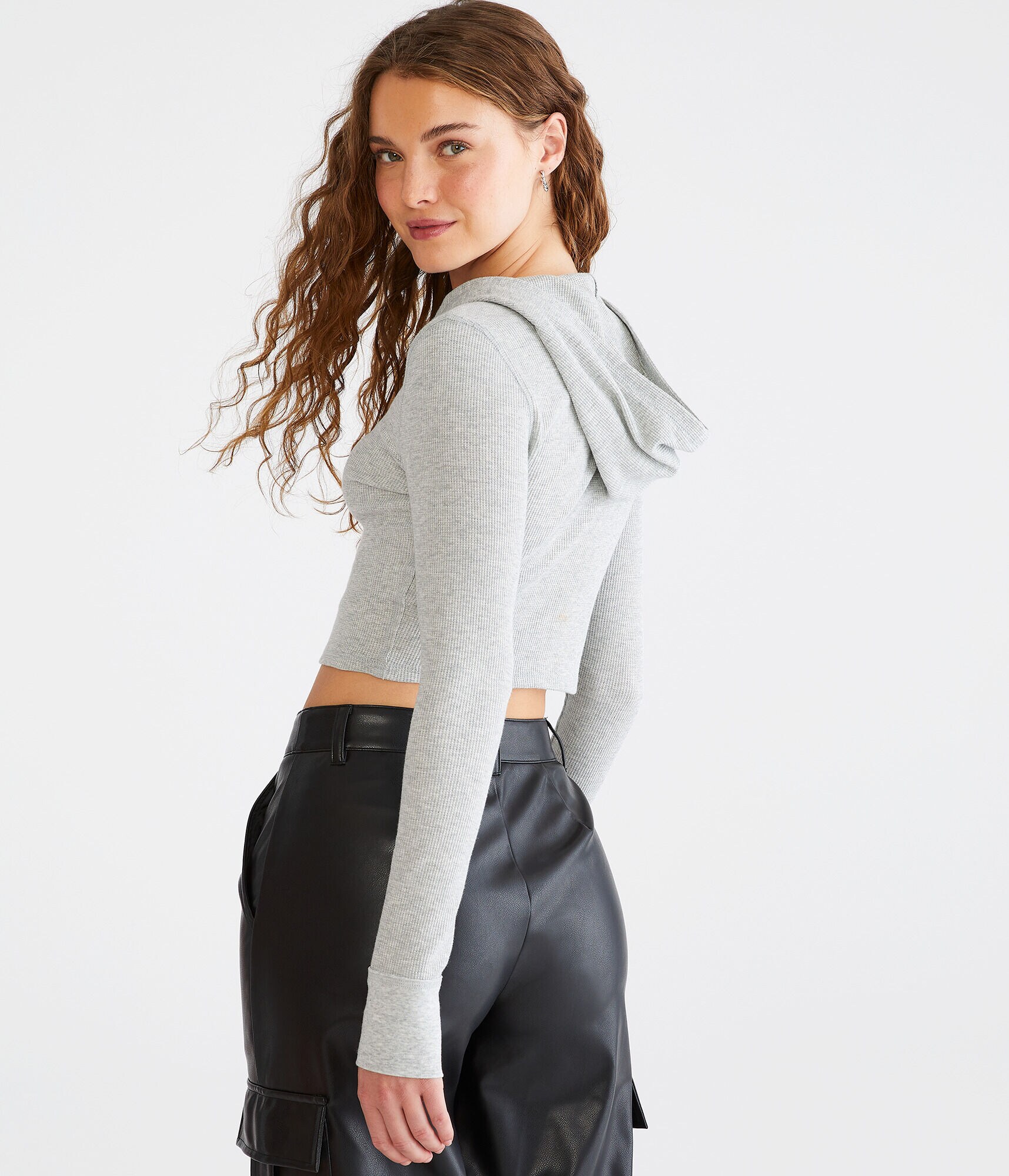 Long Sleeve Cropped Hooded Waffle Henley