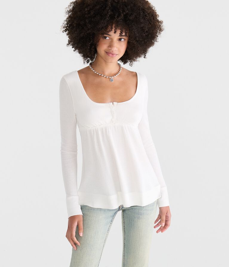 Man Sweating Button Long Sleeve Scoop-Neck Babydoll Henley