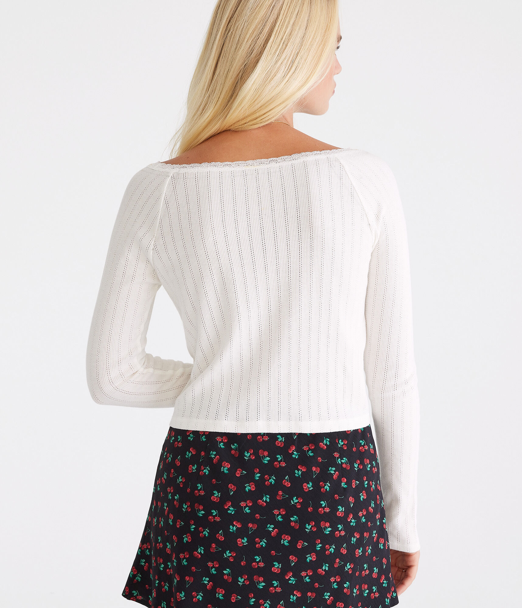 Long Sleeve Pointelle Open-Neck Tee