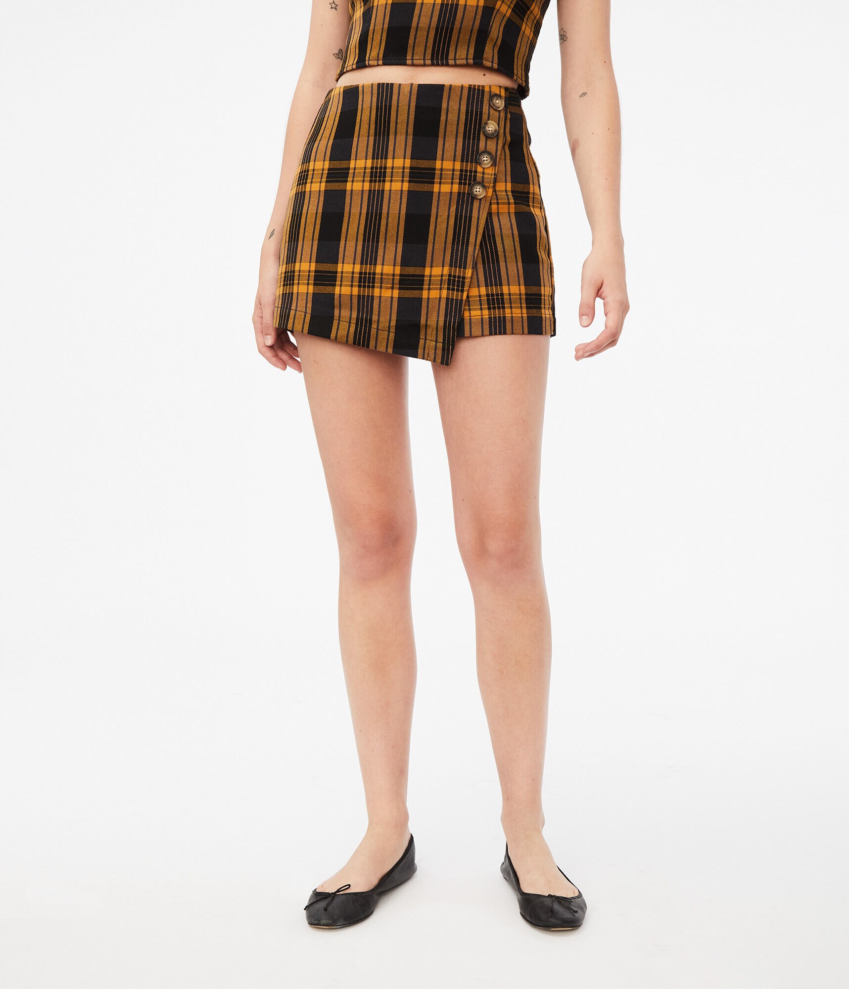 Plaid Asymmetrical Button Skort