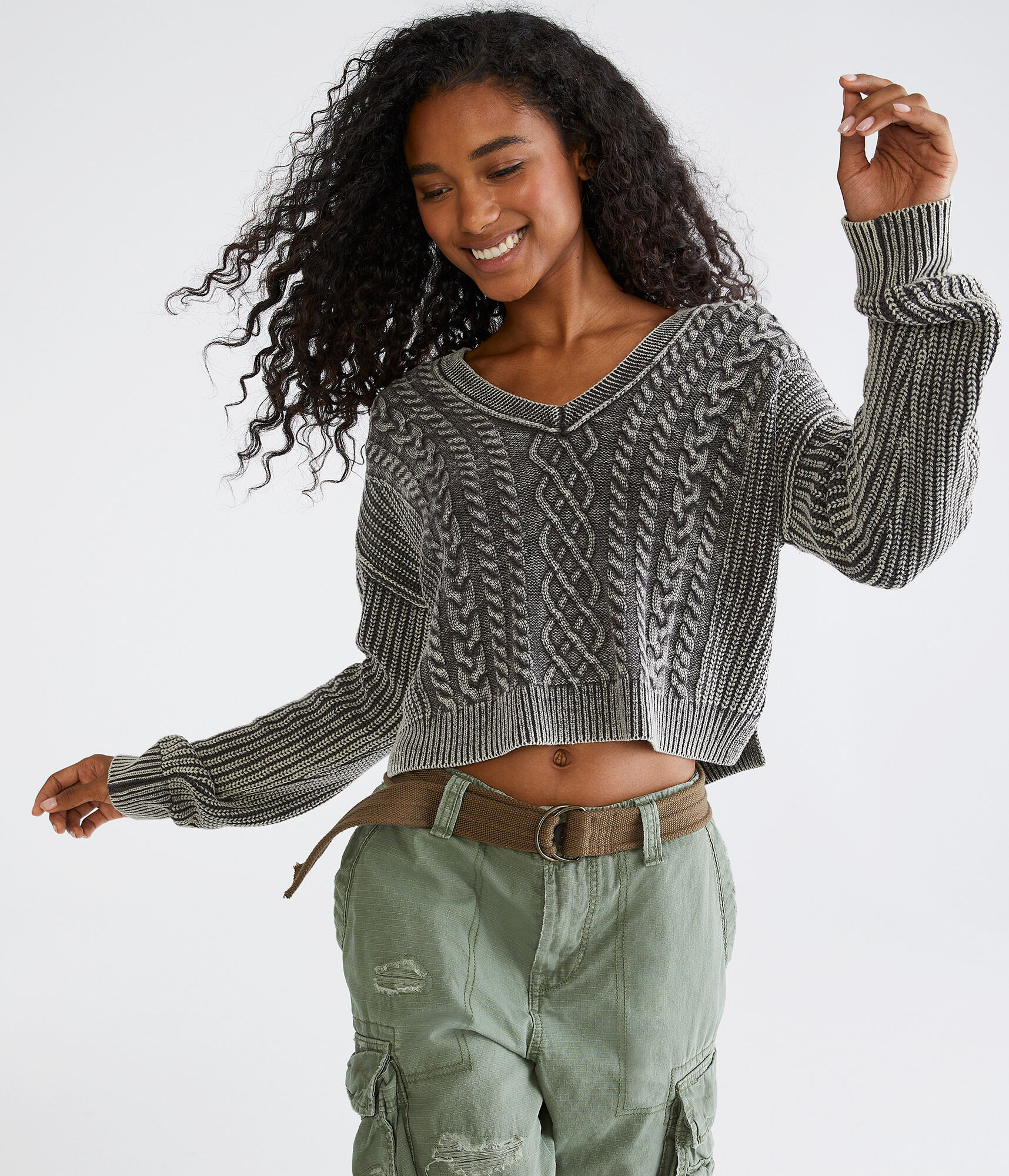 Slouchy Cable-Knit Cropped V-Neck Sweater