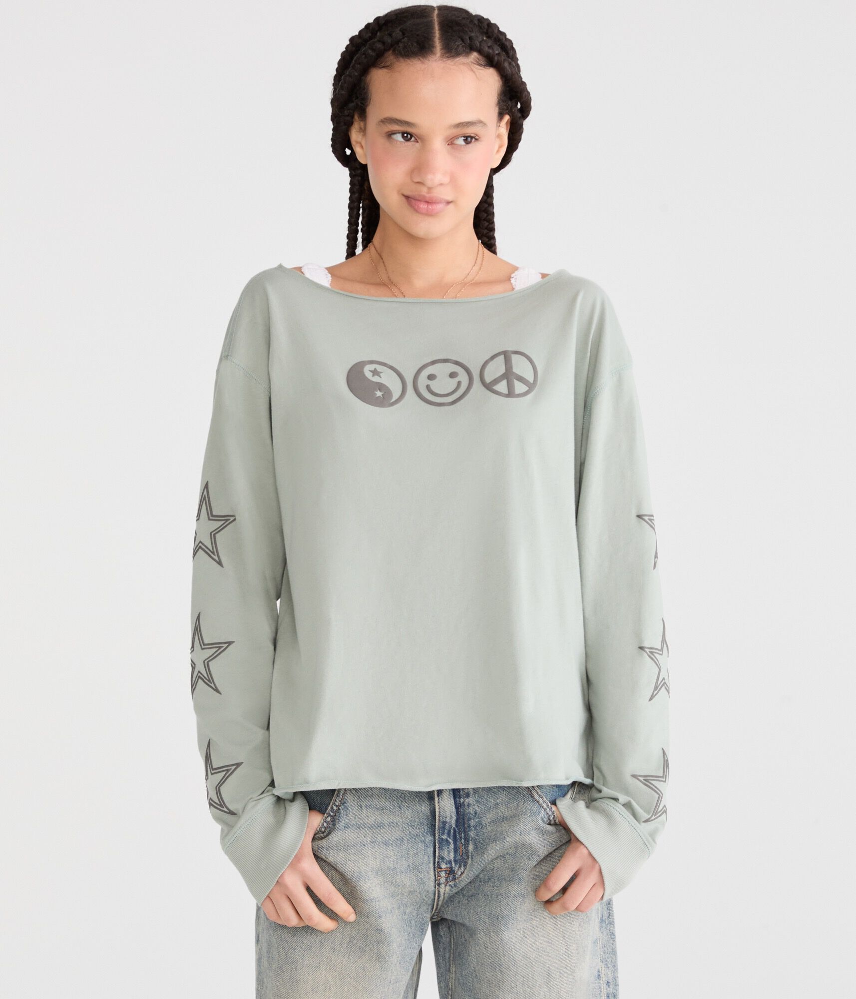 Long Sleeve Peace Sign Off-The-Shoulder Vintage Fit Graphic Tee