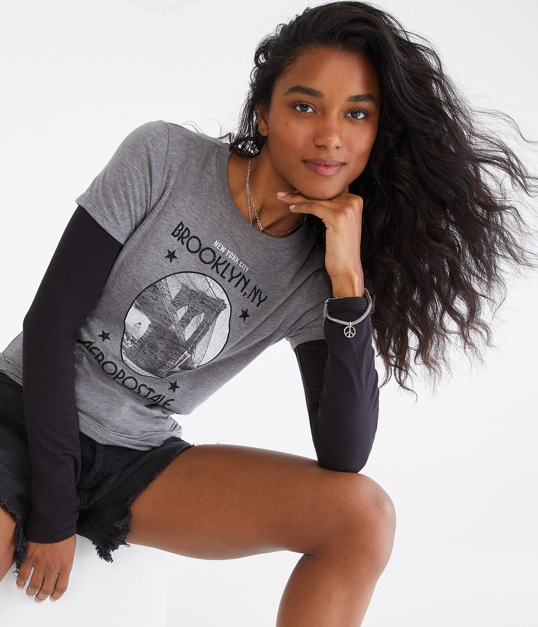 Aeropostale Brooklyn Bridge Glitter Graphic Tee