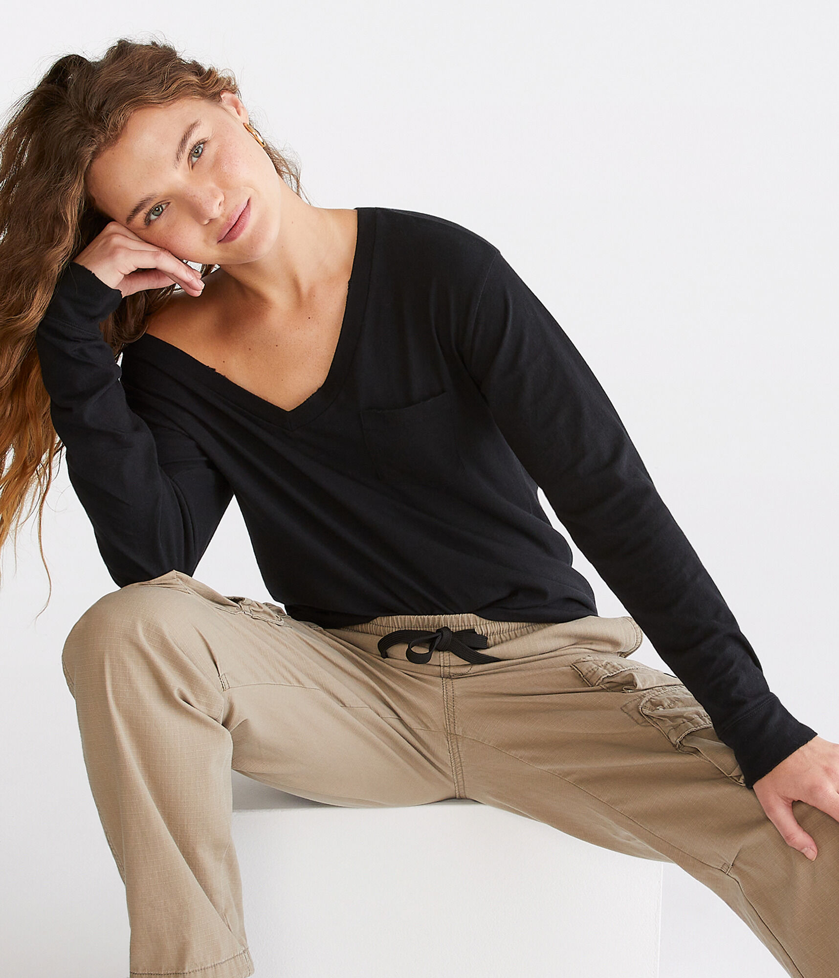 Long Sleeve Loose Fit V-Neck Pocket Tee