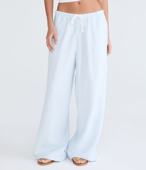 Low-Rise Striped Drawstring Linen Pants