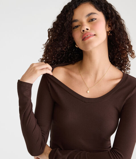 Long Sleeve Seriously Soft Ribbed V-Neck Baby Tee Long Sleeve Seriously Soft Ribbed V-Neck Baby Tee