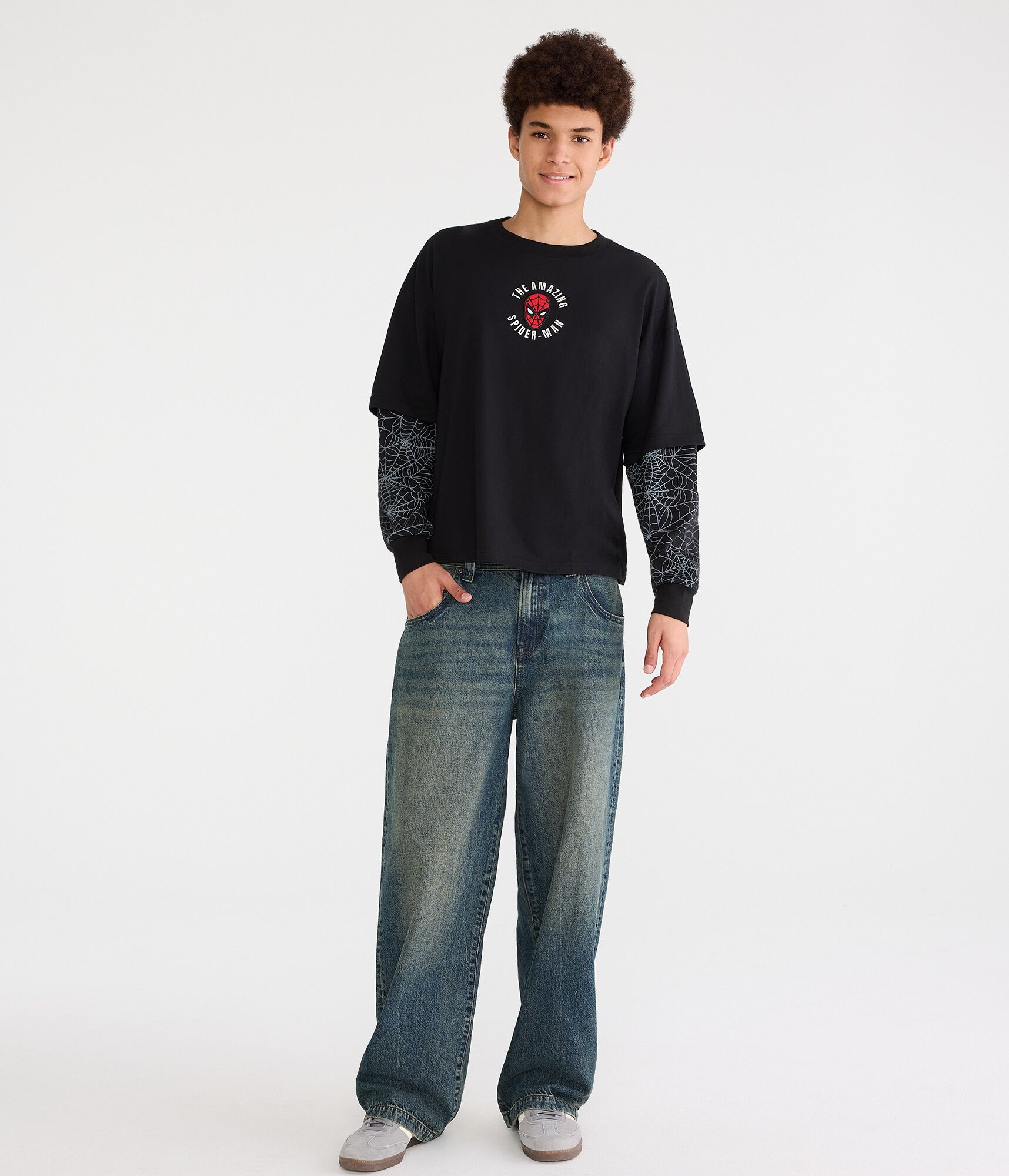 Marvel | A&eacute;ropostale Long Sleeve Spider-Man Spiderwebs Boxy 2Fer Tee