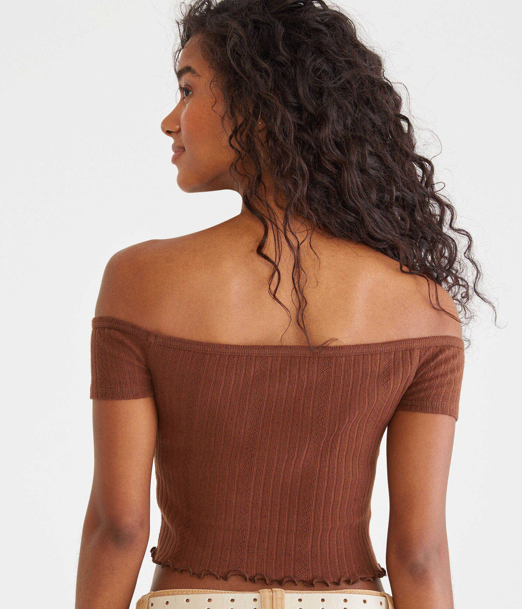 Pointelle Off-The-Shoulder Cropped Baby Tee