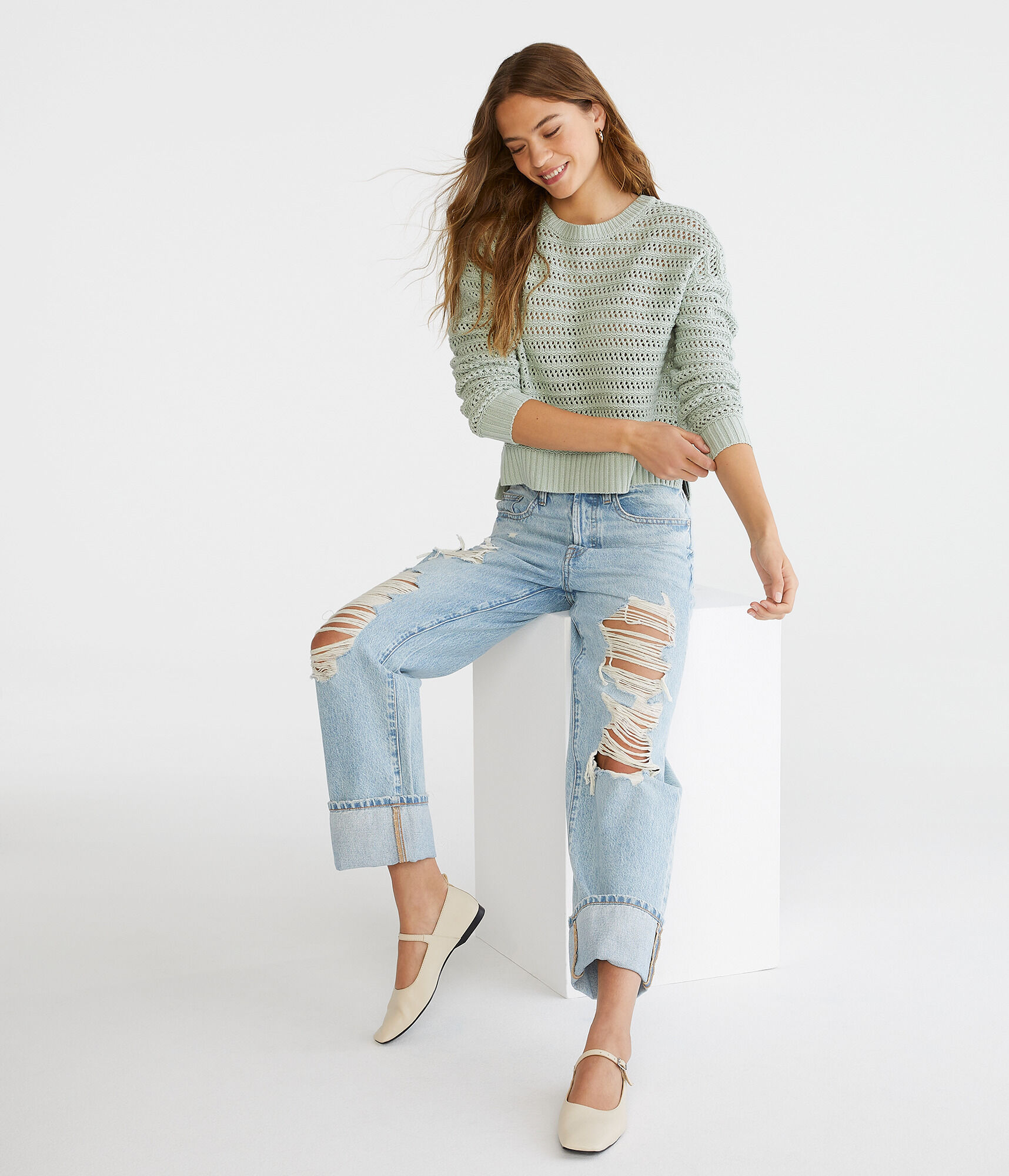 Open Knit High-Low Crew Sweater