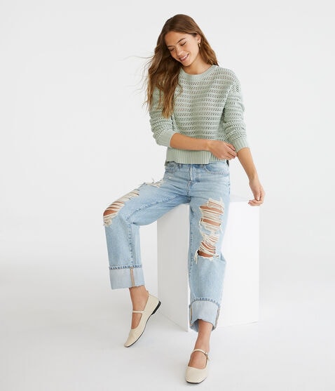 Open Knit High-Low Crew Sweater