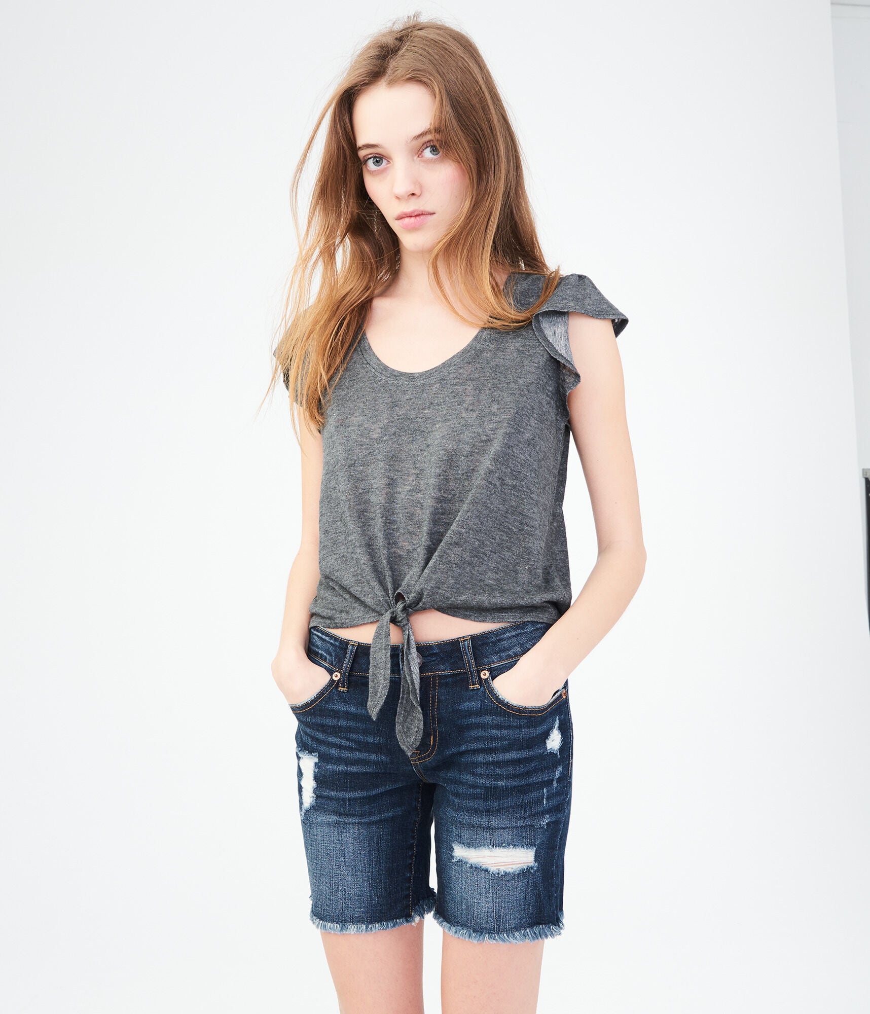Dark Wash Destroyed Denim Bermuda Shorts