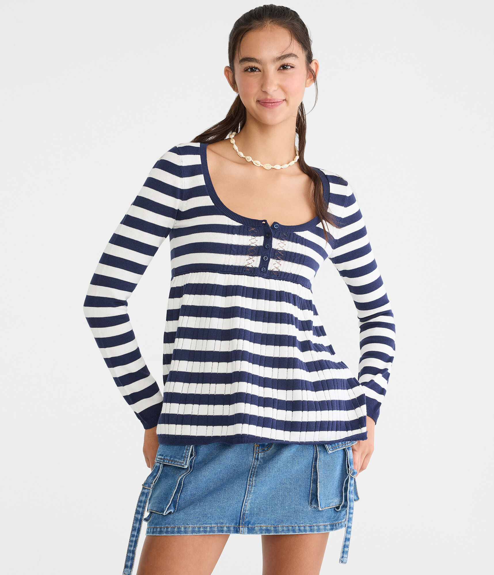 Striped Scoop-Neck Babydoll Sweater