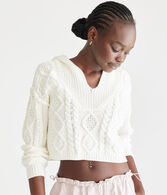 Cropped Cable-Knit Hooded Sweater
