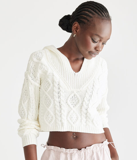 Cropped Cable-Knit Hooded Sweater Cropped Cable-Knit Hooded Sweater