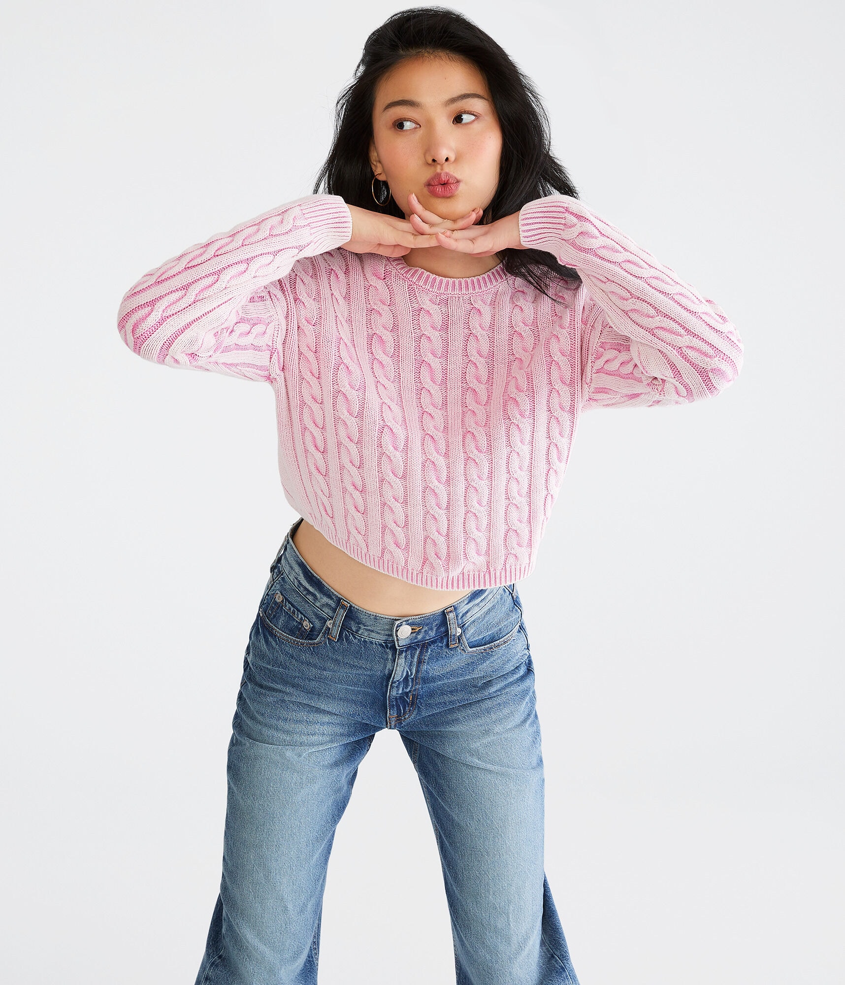 Cable-Knit Cropped Crew Sweater