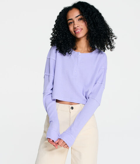 Long Sleeve Waffle-Knit Cropped Henley Tee Long Sleeve Waffle-Knit Cropped Henley Tee