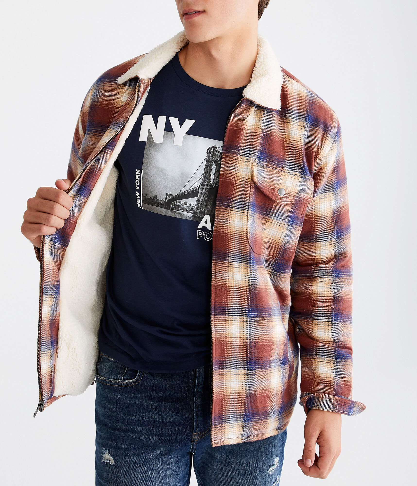 Plaid Sherpa-Lined Full-Zip Flannel Shacket