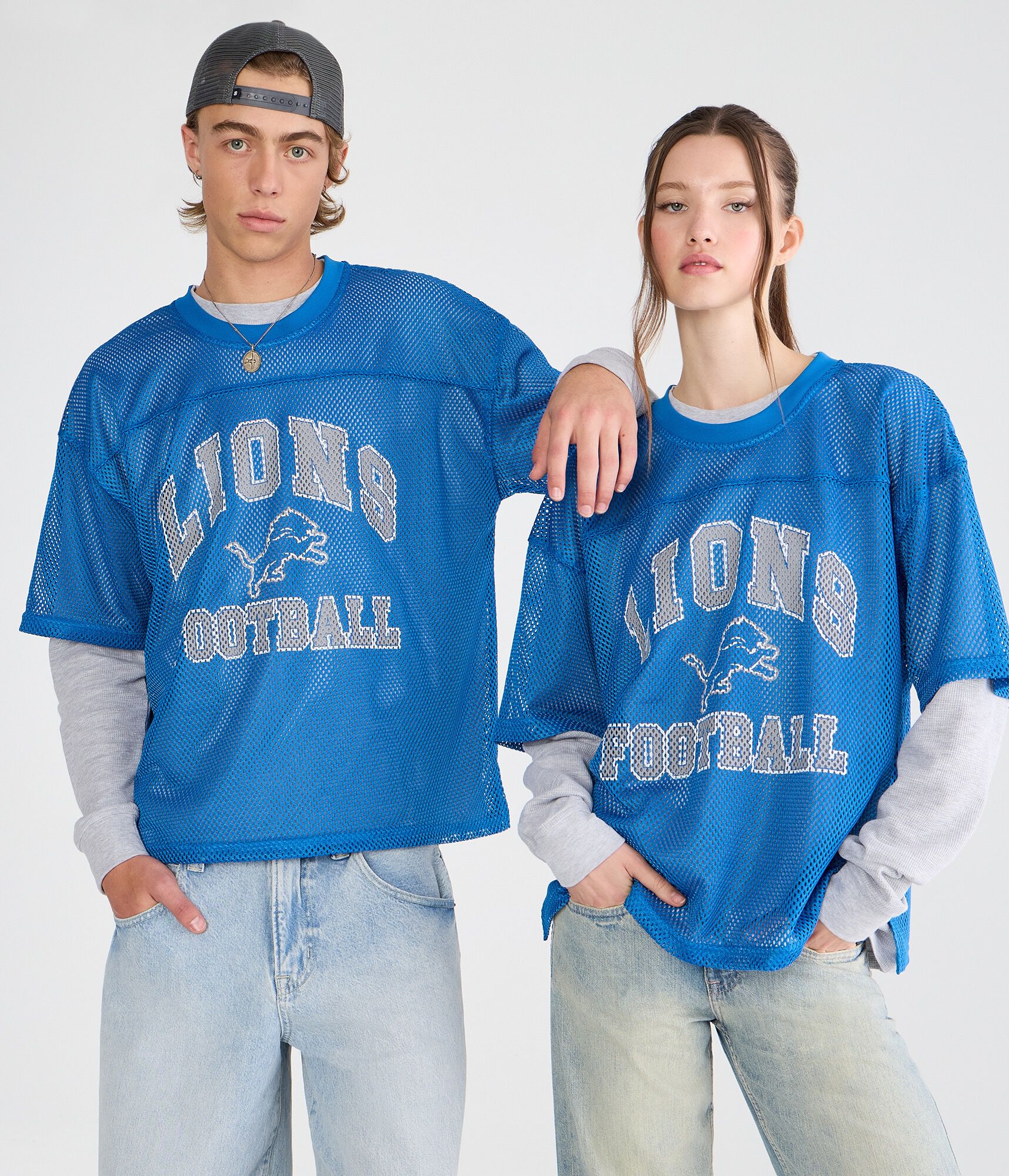 Long Sleeve Detroit Lions Boxy Mesh 2Fer Top