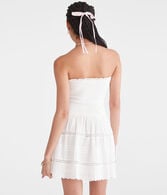 Solid Strapless Smocked Lace Drop-Waist Mini Dress