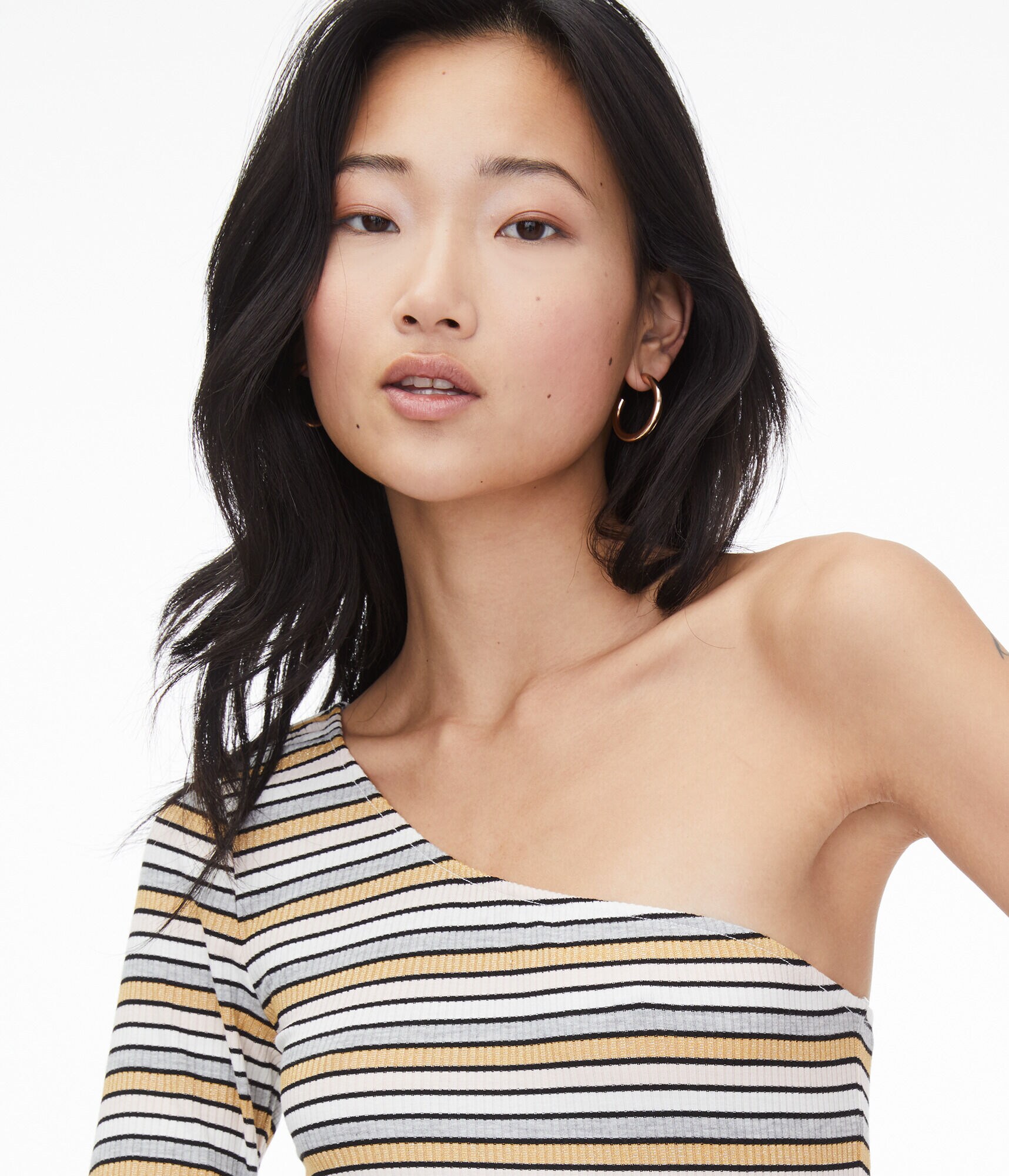 Long Sleeve Metallic Stripe One-Shoulder Top