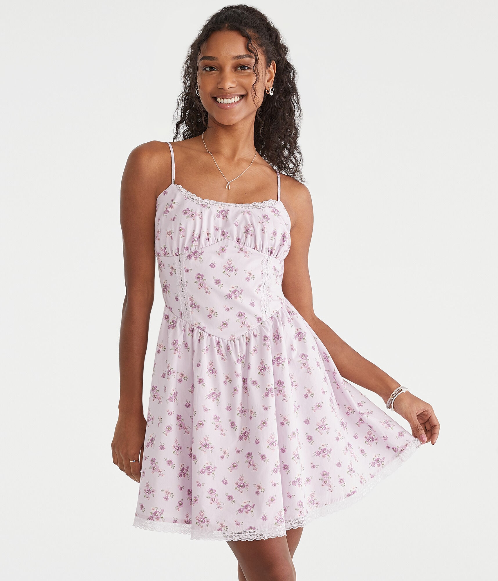 floral scoop-neck smocked fit & flare dress Aeropostale Womens' Floral Square-Neck Smocked Fit & Flare Mini Dress - White - Size L - Rayon
