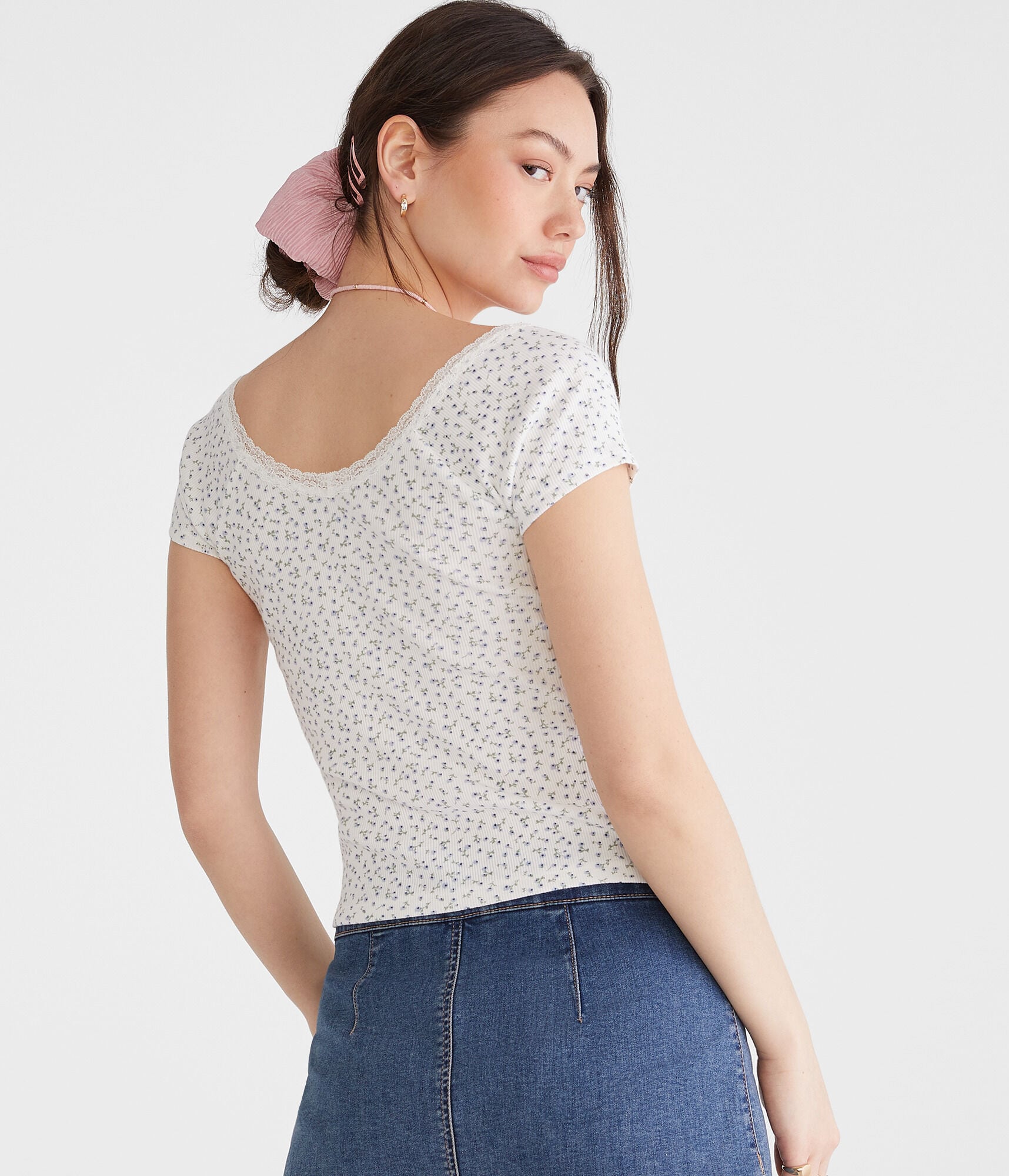 Seriously Soft Floral Lace-Trim Shrunken Tee