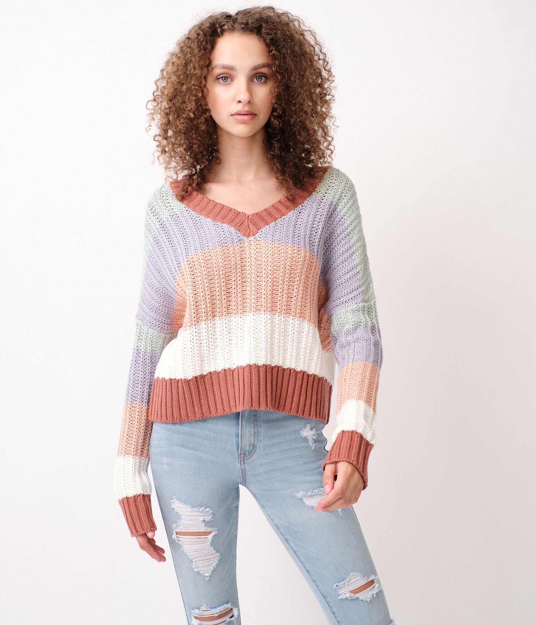 striped v neck sweater