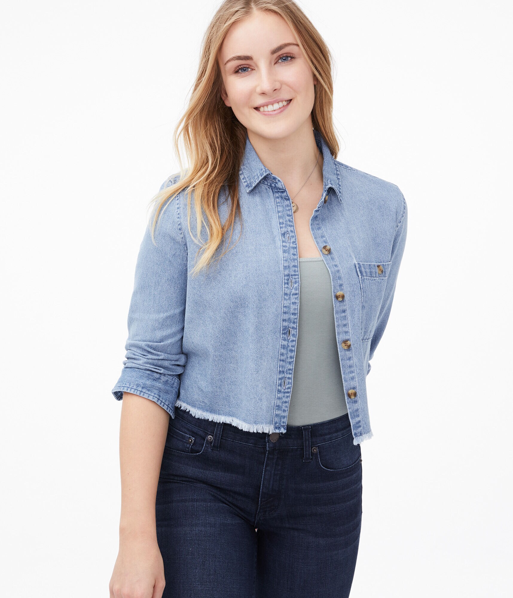 Long Sleeve Chambray Cropped Button-Down Shirt