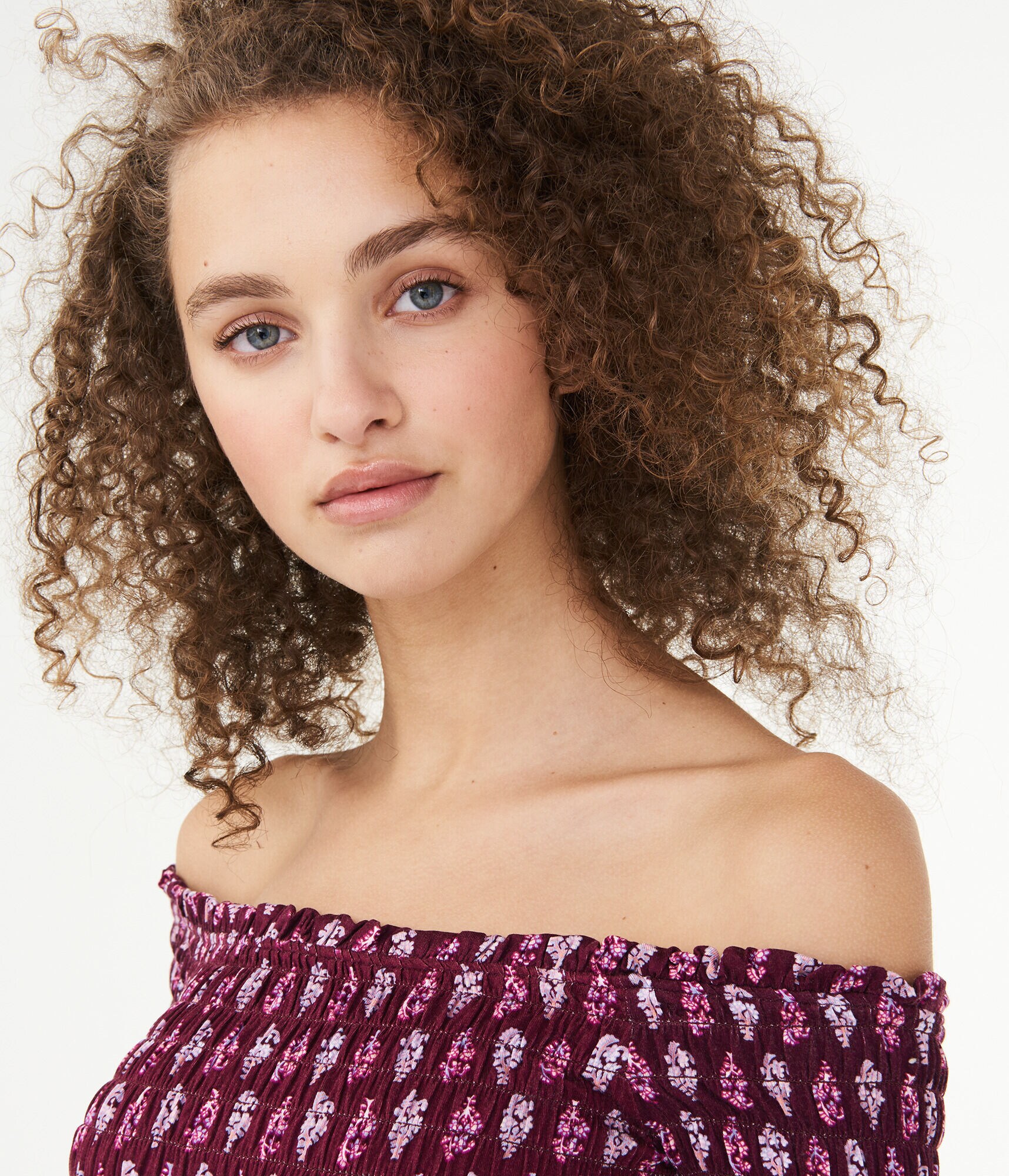 Long Sleeve Paisley Flower Smocked Off-The-Shoulder Top