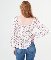 Long Sleeve Floral Lace-Up Woven Top