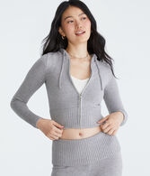 Solid Cropped Full-Zip Hooded Sweater