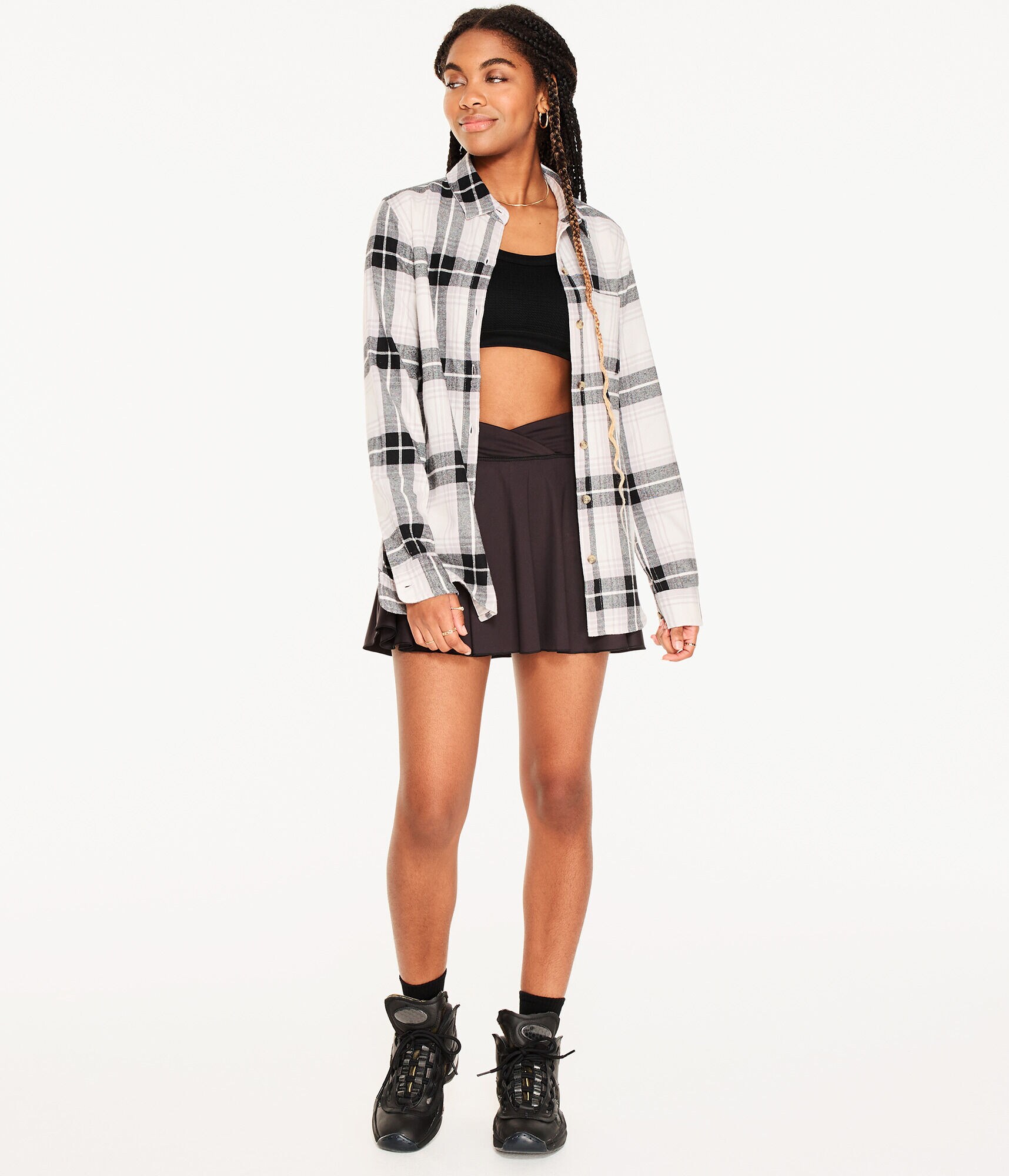 Long Sleeve Oversized Plaid Flannel Button-Down Shirt