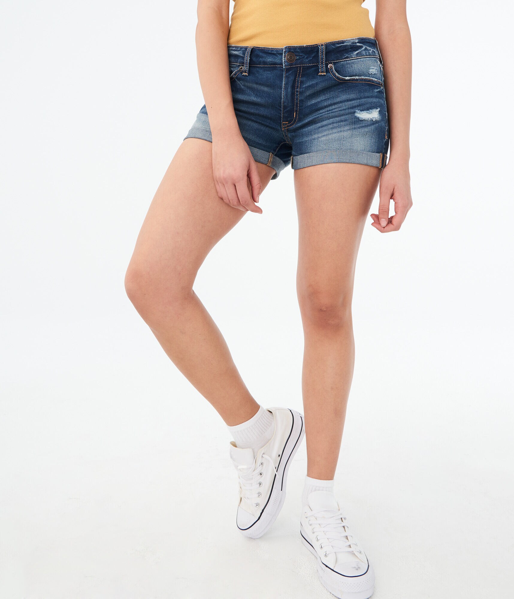 Seriously Stretchy Dark Wash Distressed Shorty Shorts