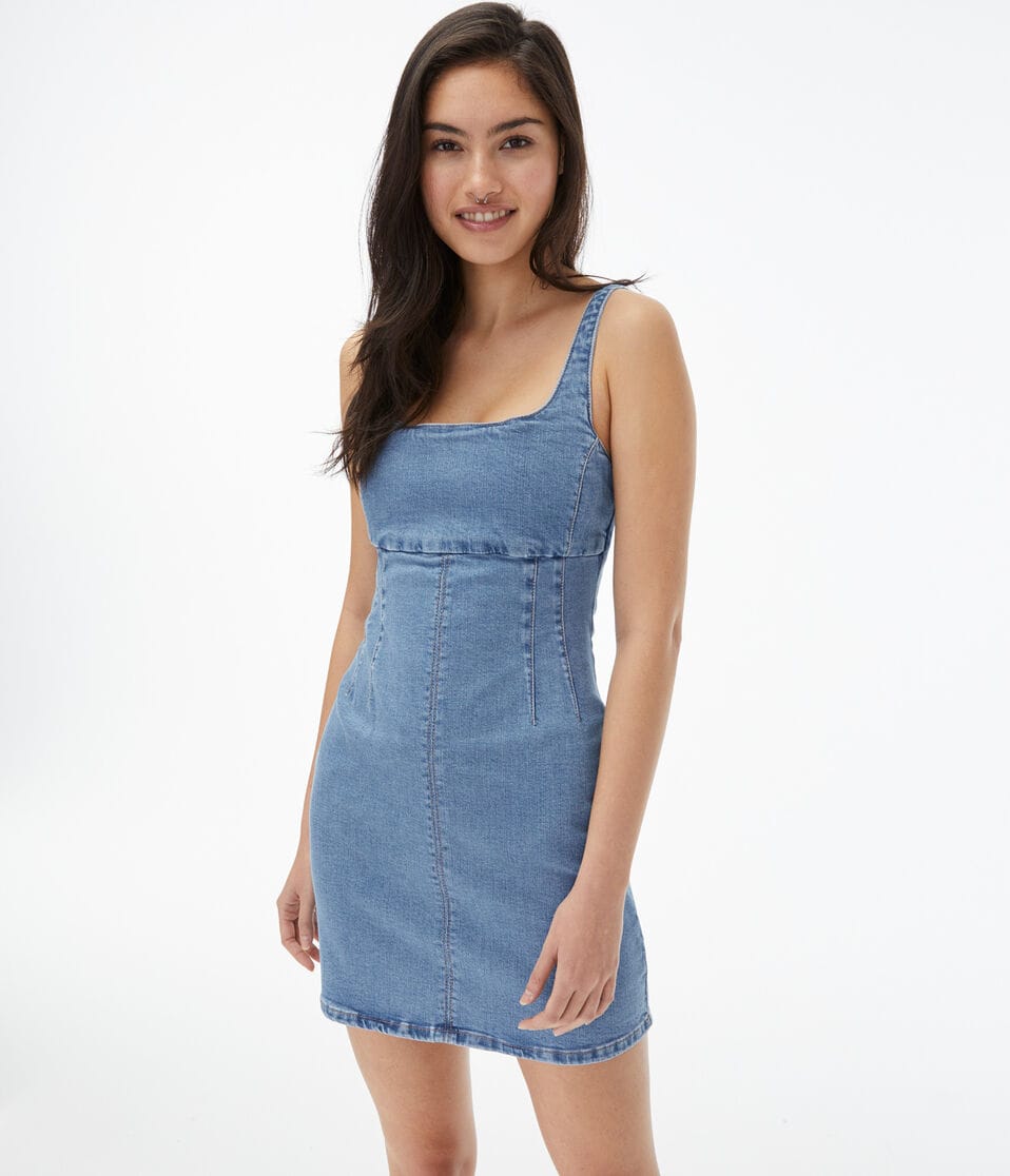 Denim Square-Neck Bodycon Dress