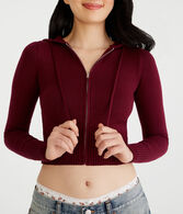 Solid Cropped Full-Zip Hooded Sweater