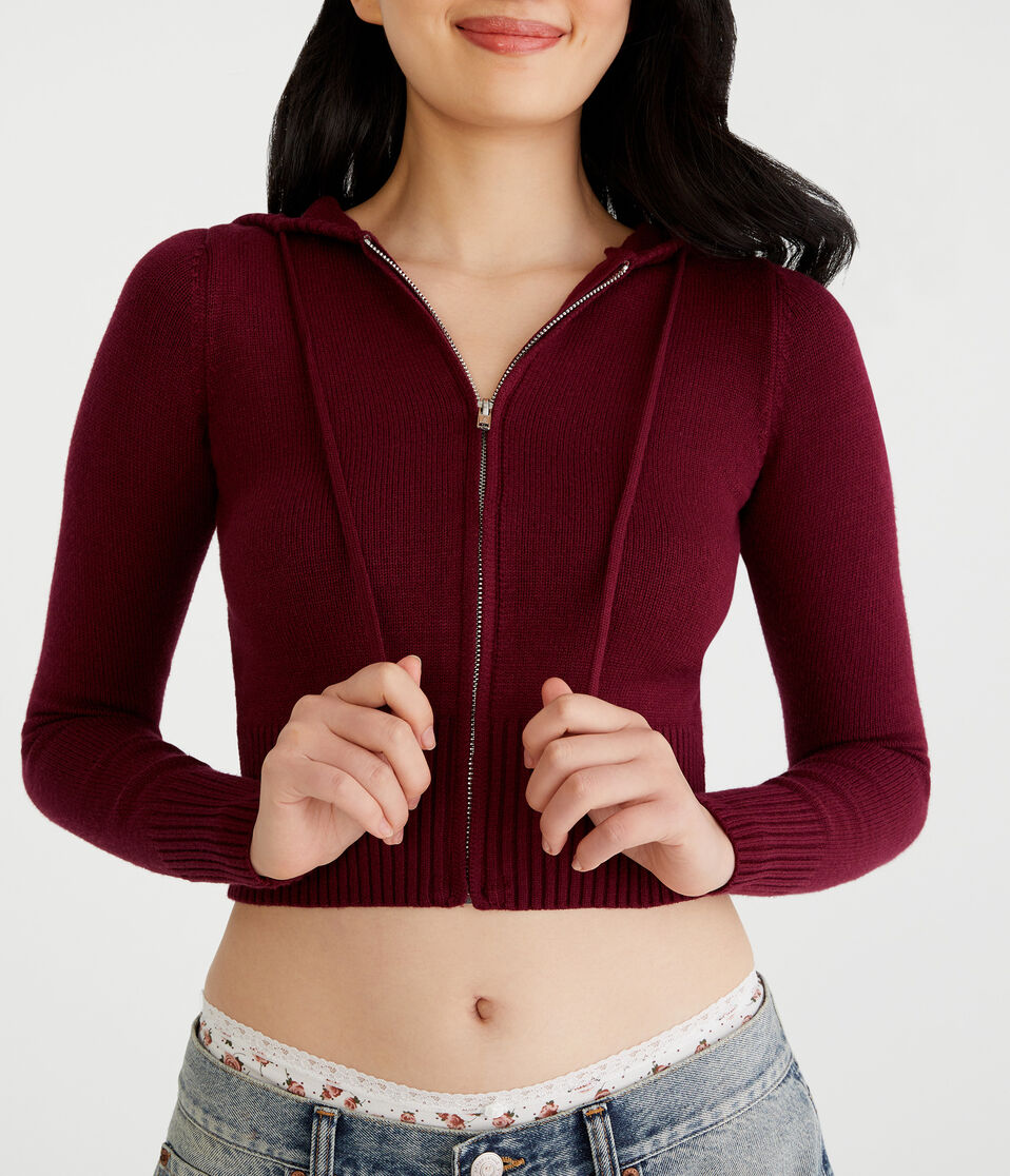Solid Cropped Full-Zip Hooded Sweater
