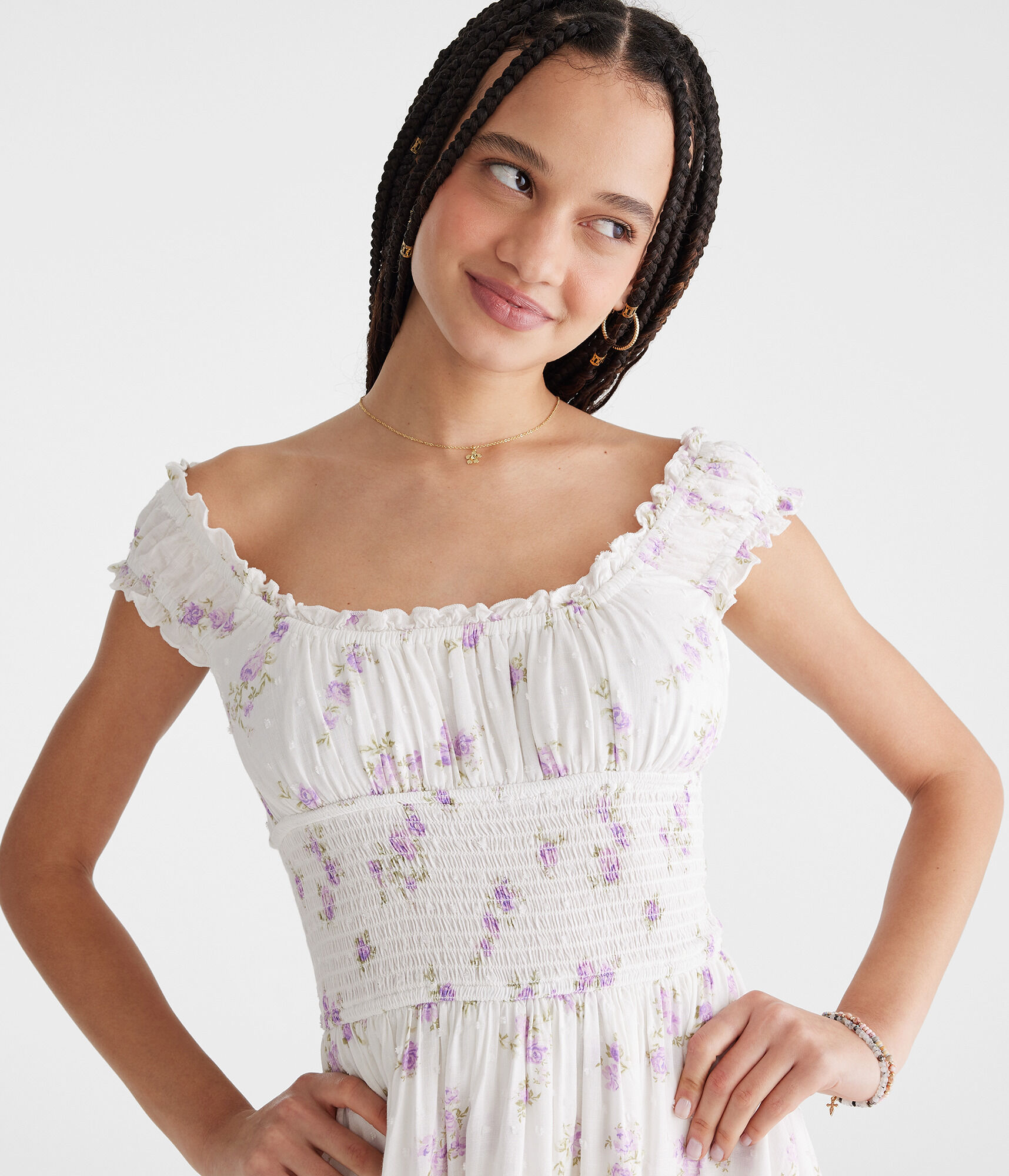 Floral Clip Dot Off-The-Shoulder Romper