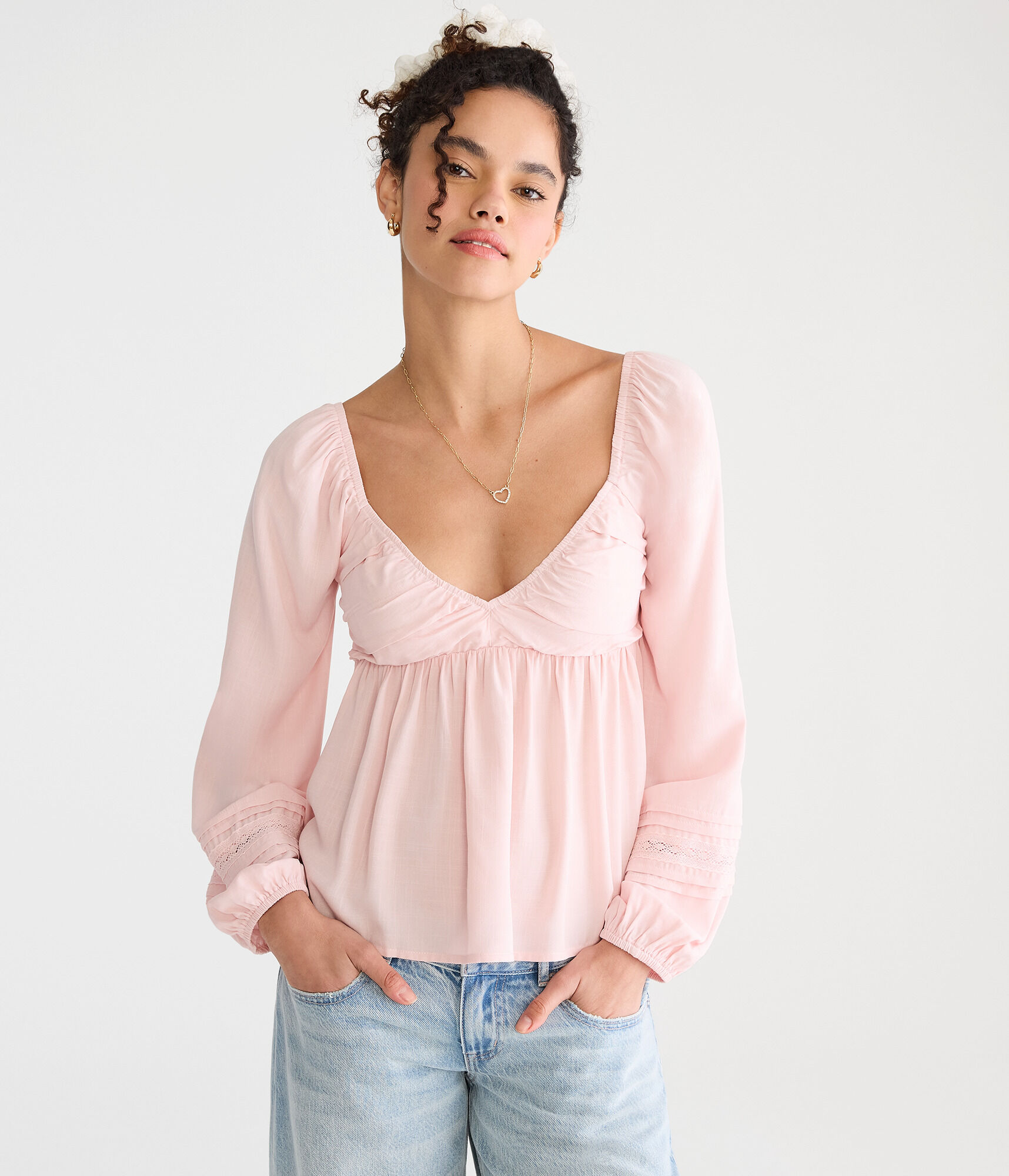 Long Sleeve Lace & Pleats V-Neck Peasant Top